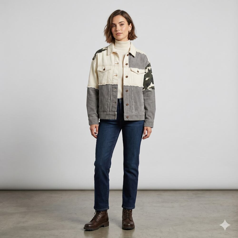 Macaron Unisex Button Up Oversize Shacket Patchwork Army Shirt Jacket Size Small